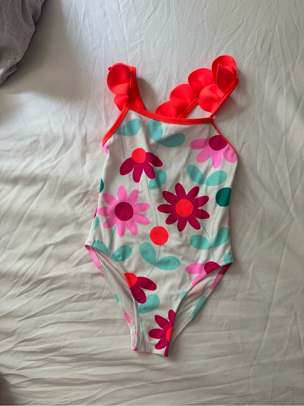 Jacadi White One-Piece Swimsuit with Pink & Coral Floral Print